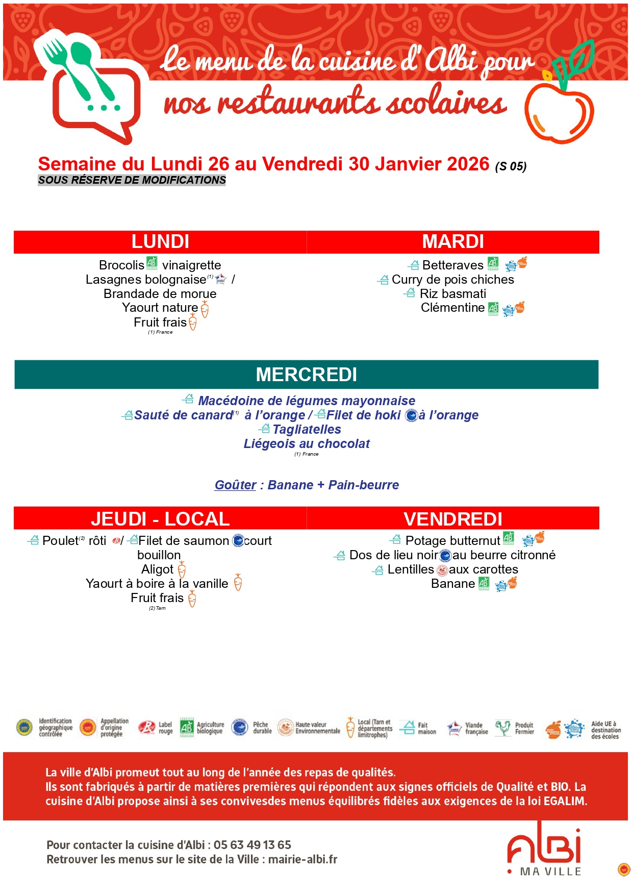 Menu du 26 au 30 janvier