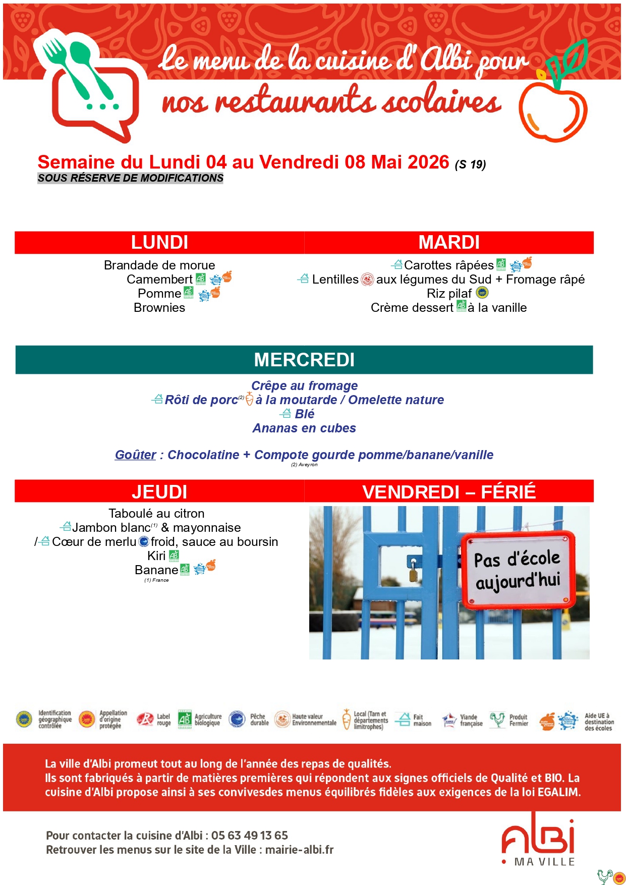 MENU DU 4 AU 7 MAI